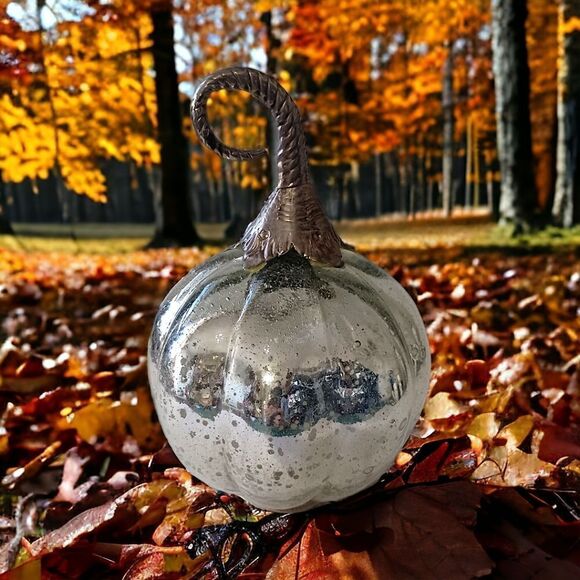 Mercury Glass Pumpkin Gourd Silvery Glass Encased Silver Metal Stem Autumn Fall. - Picture 16 of 16